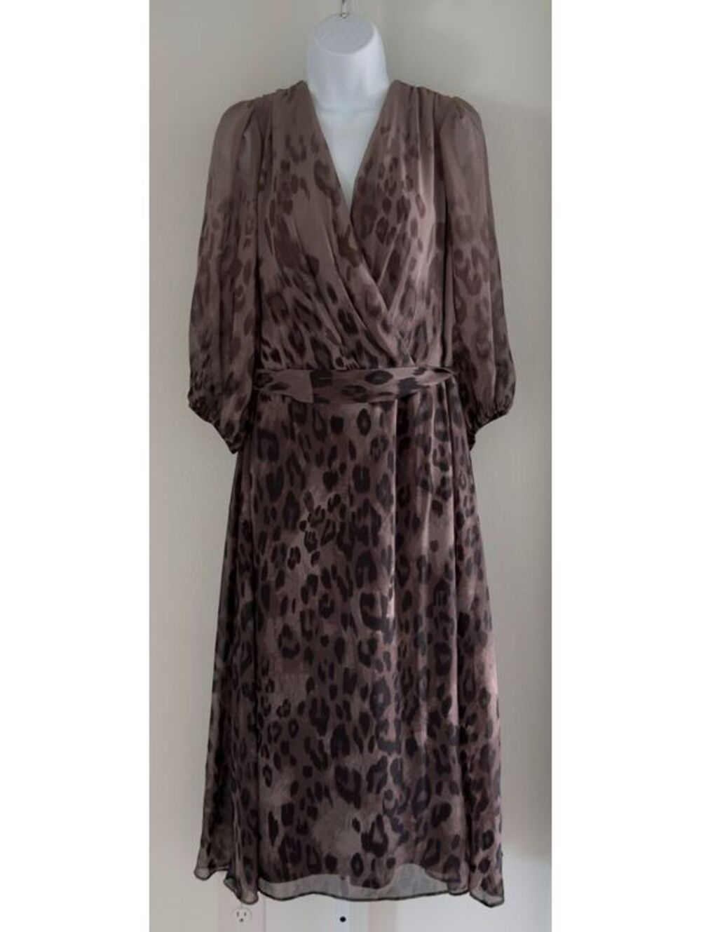 DKNY Animal Printed Faux-Wrap Balloon-Sleeve Midi Dress Women Size 14W